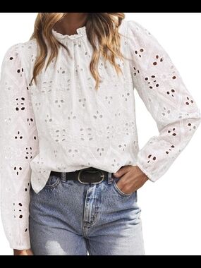 Eyelet Ruffle-Neck White Blouse